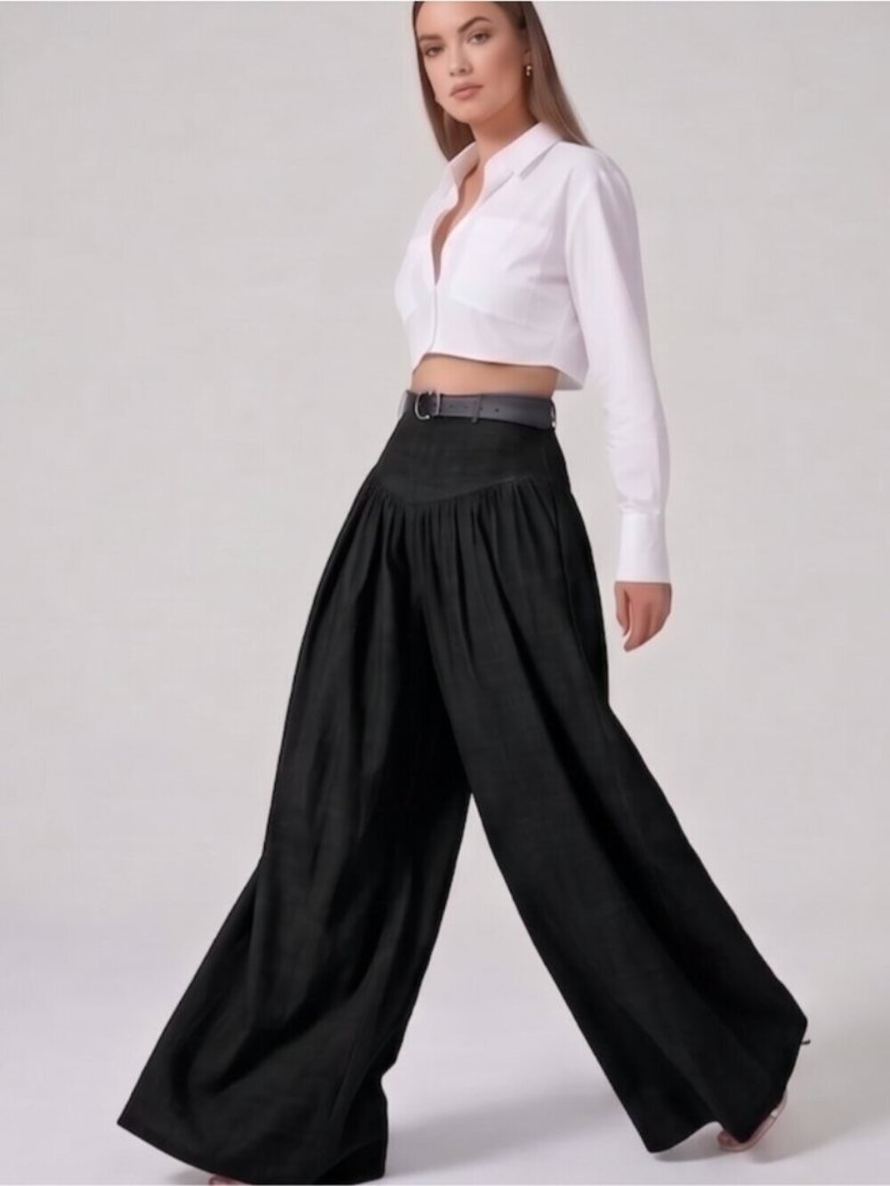 High Waisted Yoke Pleated Wide Leg Palazzo Pants Black